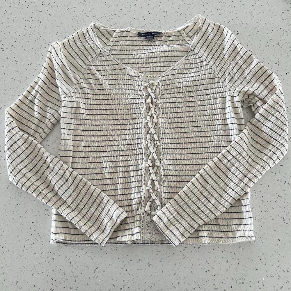 American Eagle Womens XS Smocked Lace Up Striped Long Sleeve Top Cream Navy Blue